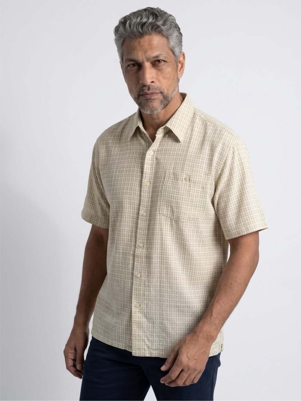 Mondo Di Marco Men's Button-Down Short Sleeve Shirt Beige Grid Check